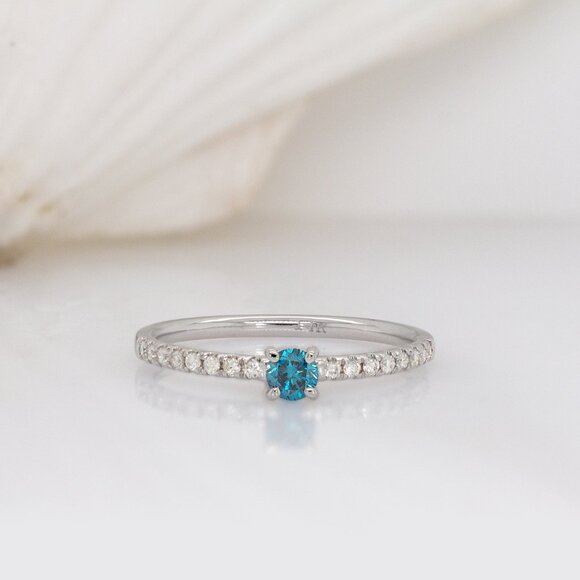 Natural Blue Diamond Ring in Solid 14K White Gold with Natural White Diamonds - Picture 6 of 10